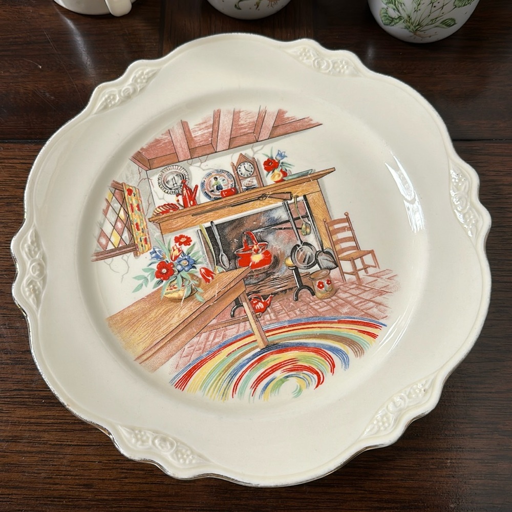 Homer Laughlin Vintage Fireplace Scene Kitchen Plate Bread & Butter 10" Ivory
